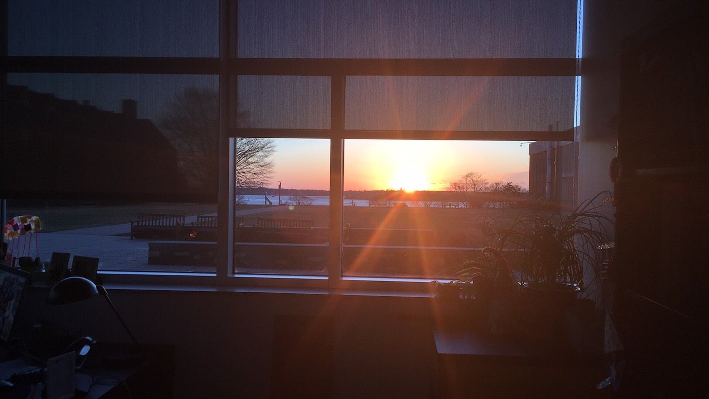 Sunrise from inside an office at the URI Bay Campus.