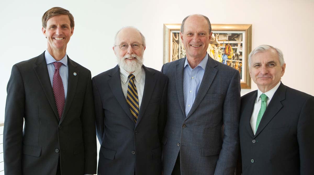 Left to right: Assistant Secretary of Commerce for Oceans and Atmosphere and Acting Secretary, Rear Admiral Timothy Gallaudet, USN Ret.; Dean Bruce Corliss, URI GSO; Dr. Robert Ballard; US Senator Jack Reed. Photo by Alex DeCiccio.