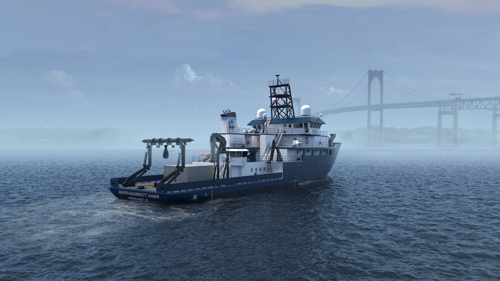 A realistic drawing on a blue and white research ship in teh water heading towards a high bridge. THe Stern of teh ship has he name "Narragansett Dawn" printed on it.