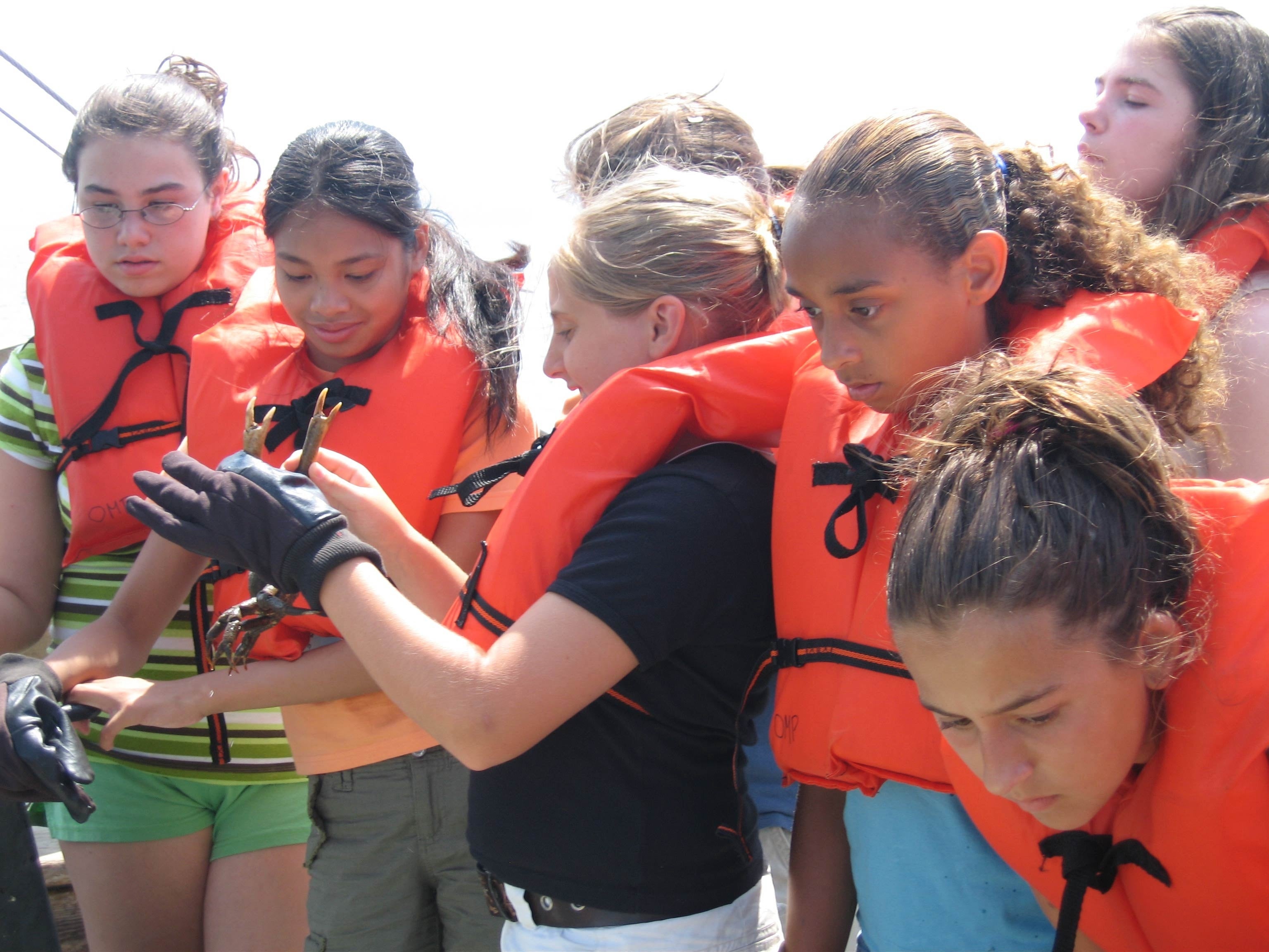 Young students wearing life jackets and learning about marine life.