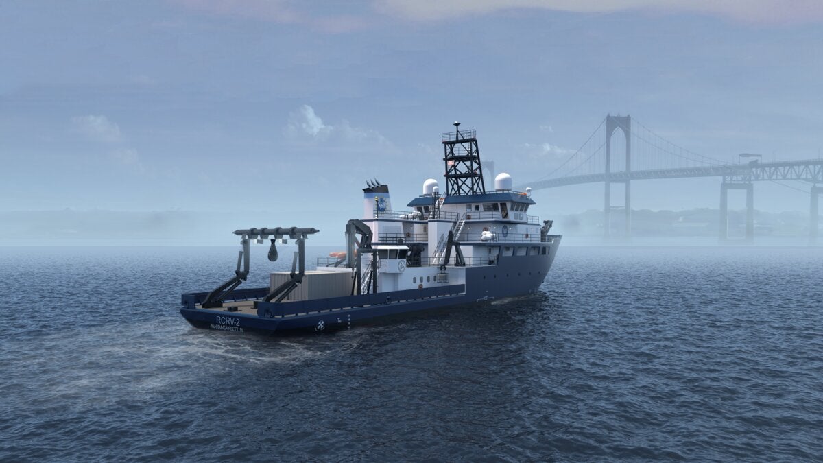 Realistic illustration of a blue-hulled research vessel on the ocean as it heads towards the Newport Bridge in Narragansett Bay. The water is calm and there is light fog. We see the ship from the back with a view of cranes, a smokestack and a white superstructure.