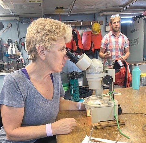 Cumberland 5th grade science teacher Bernadette Durkin looking into a microscope while onboard the R/V Endeavor.