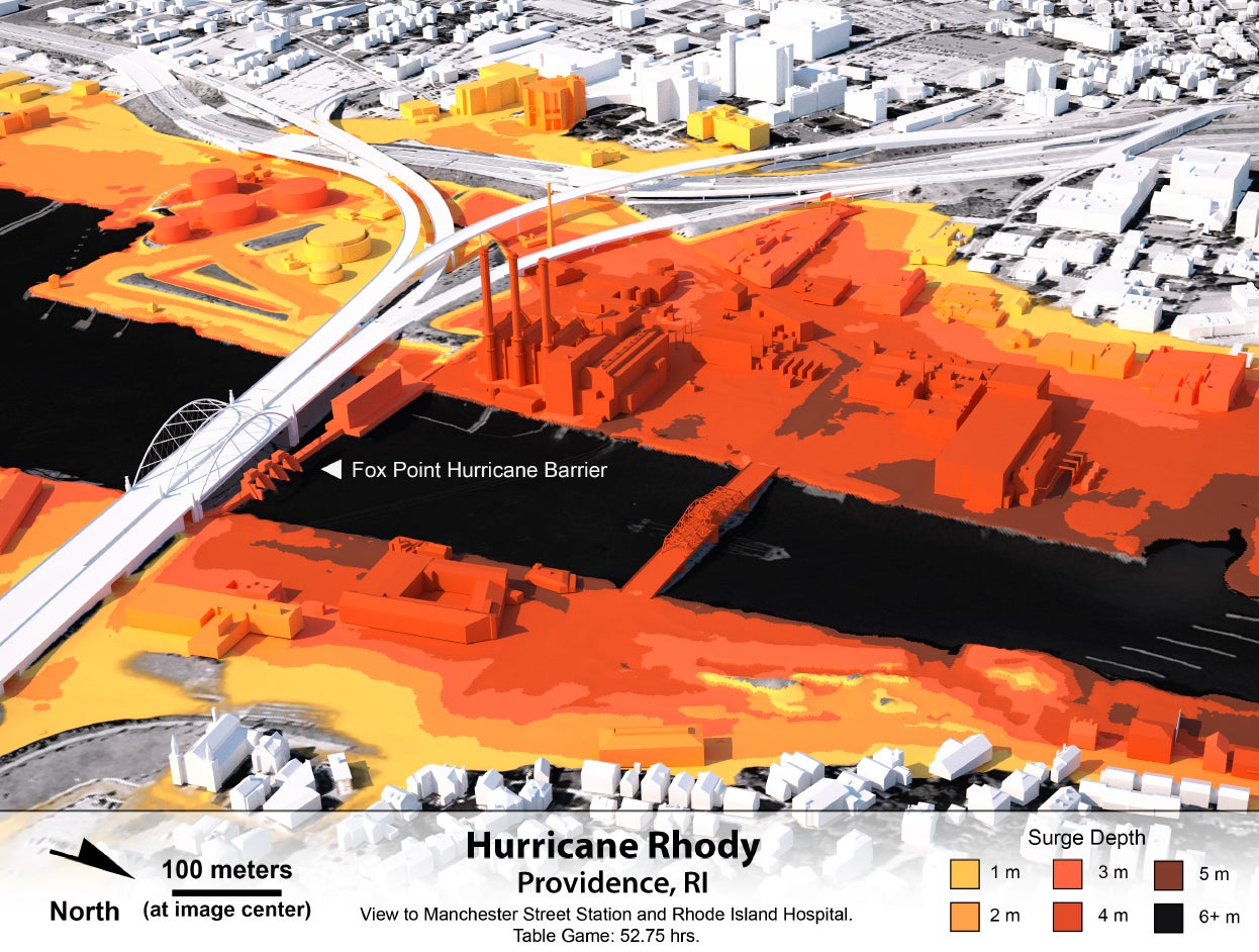 A three-dimensional (3-D) visualization of flood waters in the Providence River.