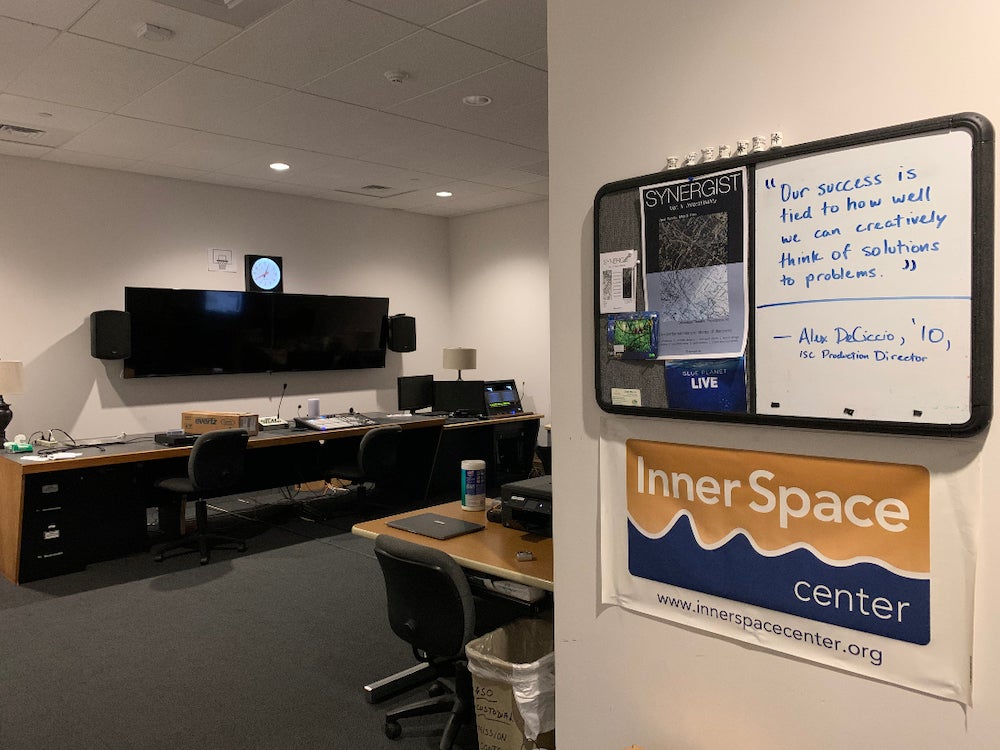 Inner Space Center control room, empty while campus is closed in April, 2020.