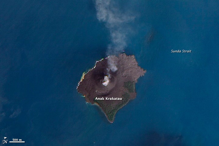 Satellite image of an ash plume rising from the top of the Anak Krakatau volcano.