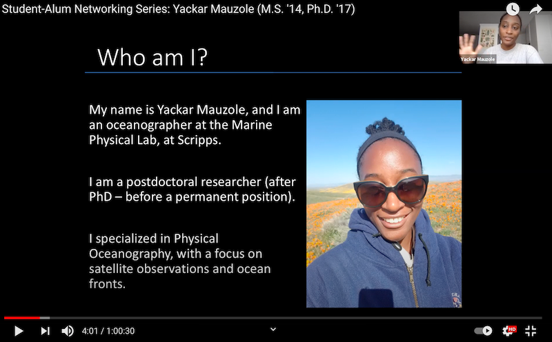 Screenshot of Yackar Mauzole's online presentation, featuring the text "Who am I?" and listing three brief details about herself. These points are discussed in the presentation.