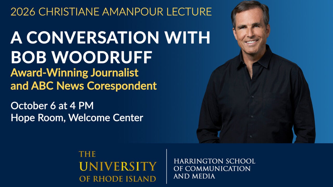 Promotional graphic for the 2026 Christiane Amanpour Lecture featuring Bob Woodruff. The event, “A Conversation with Bob Woodruff,” takes place Oct. 6 at 4 p.m. in the Hope Room at the Welcome Center. Woodruff, an award-winning journalist and ABC News correspondent, is pictured on the right.