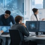 Researchers collaborating with AI tools in a modern academic lab setting.