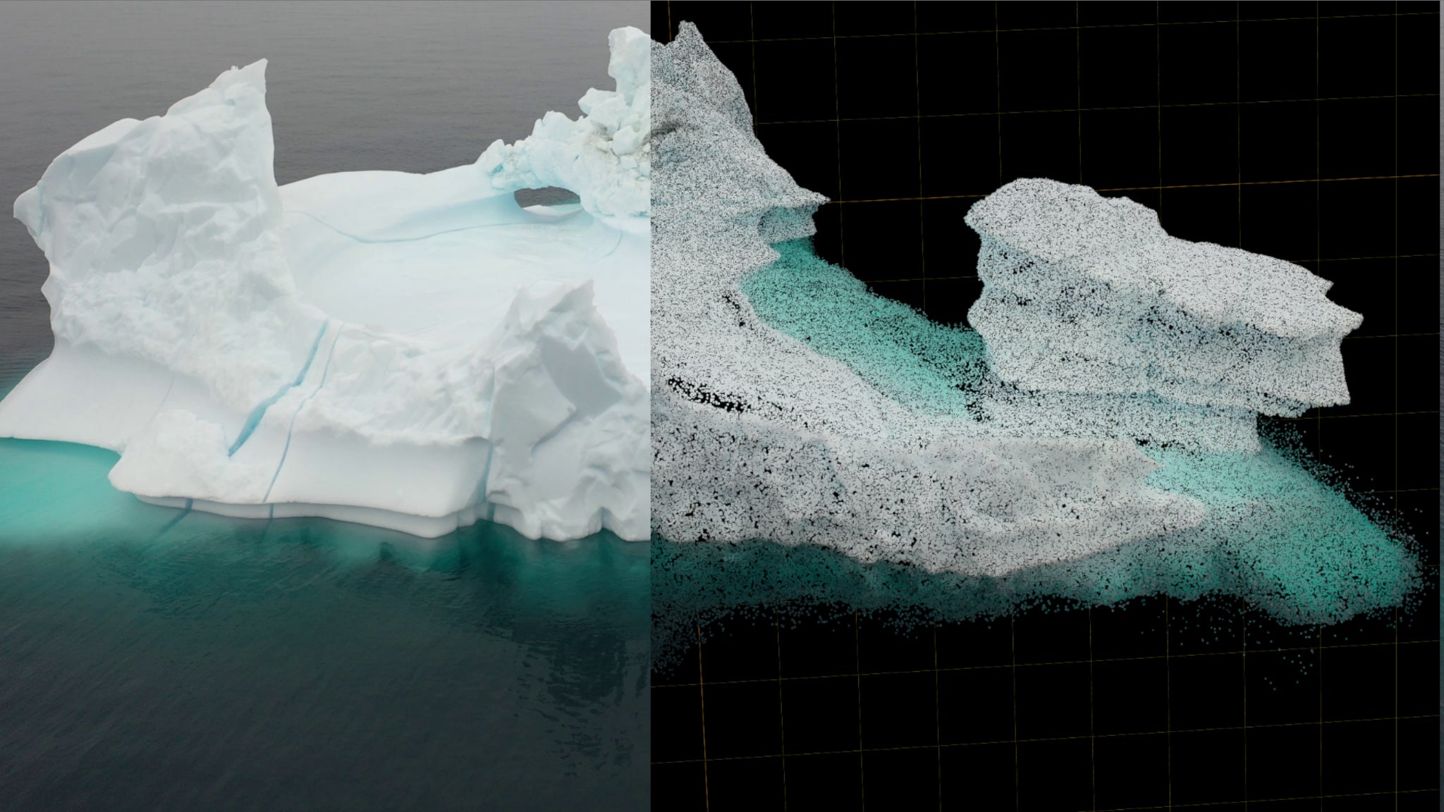 Side-by-side comparison of an iceberg photograph and its NeRF-based three-dimensional point-cloud reconstruction.