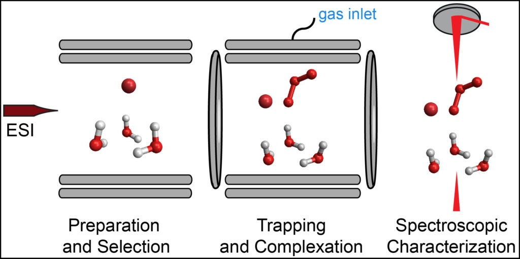 Scheme for characterization of chemical reactivity at the liquid/vapor interface by IR action spectroscopy. (Micro)solvated precursor species are prepared by electrospray ionization (ESI), selected by m/z, and stored in a temperature-controlled ion trap. There, they can be complexed with gas-phase species and characterized by infrared action spectroscopy.