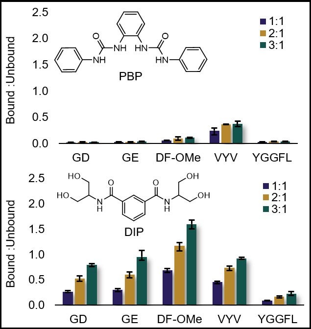 Comparison of reagents for complexation with anion biomolecules by ESI-MS. Shown are the bound:unbound intensity ratios of peptides with PBP and peptides with DIP. The bound:unbound ratio is higher for DIP across all tested peptides (GD, GE, DF-OMe, VYV, and YGGFL).