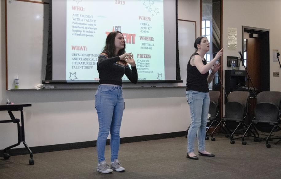 Two students performing at a spring 2019 Languages Got Talent event