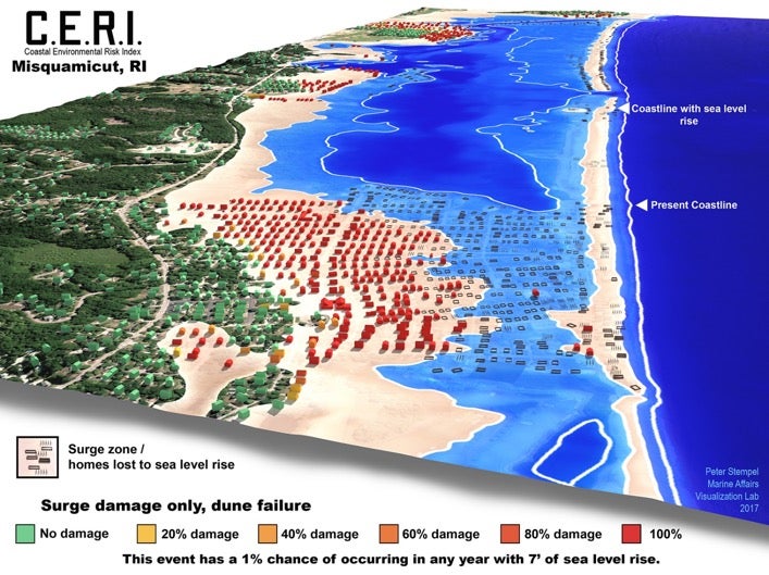 A coastal resilience model showing the beaches in Misquamicut, RI