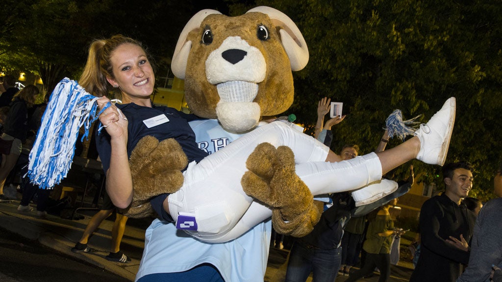 Rhody the Mascot and U R I Student