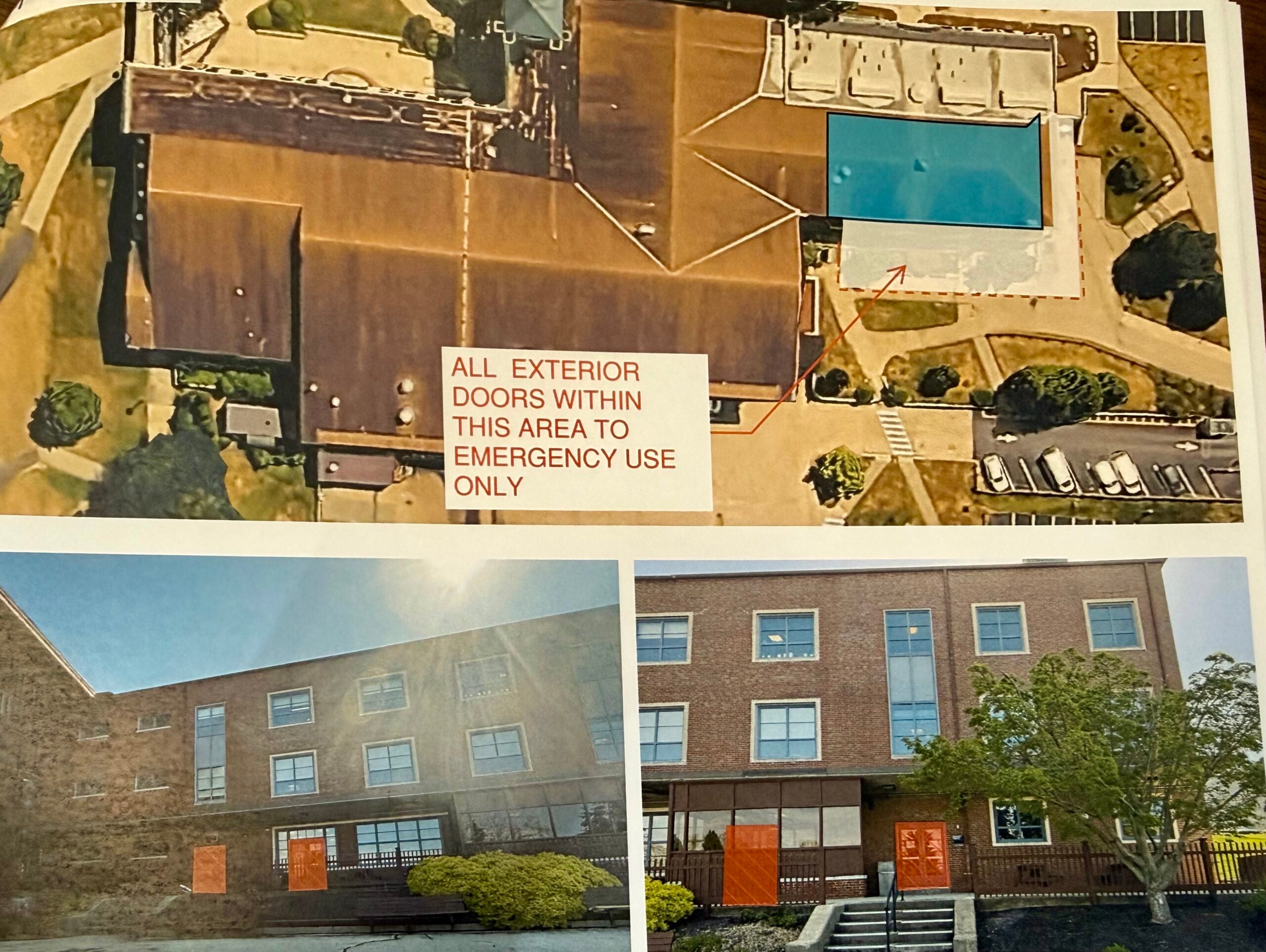 Map and photo showing Memorial Union exterior doors affected by Phase 1 roof replacement work, with doors in the marked area designated for emergency use only. 
