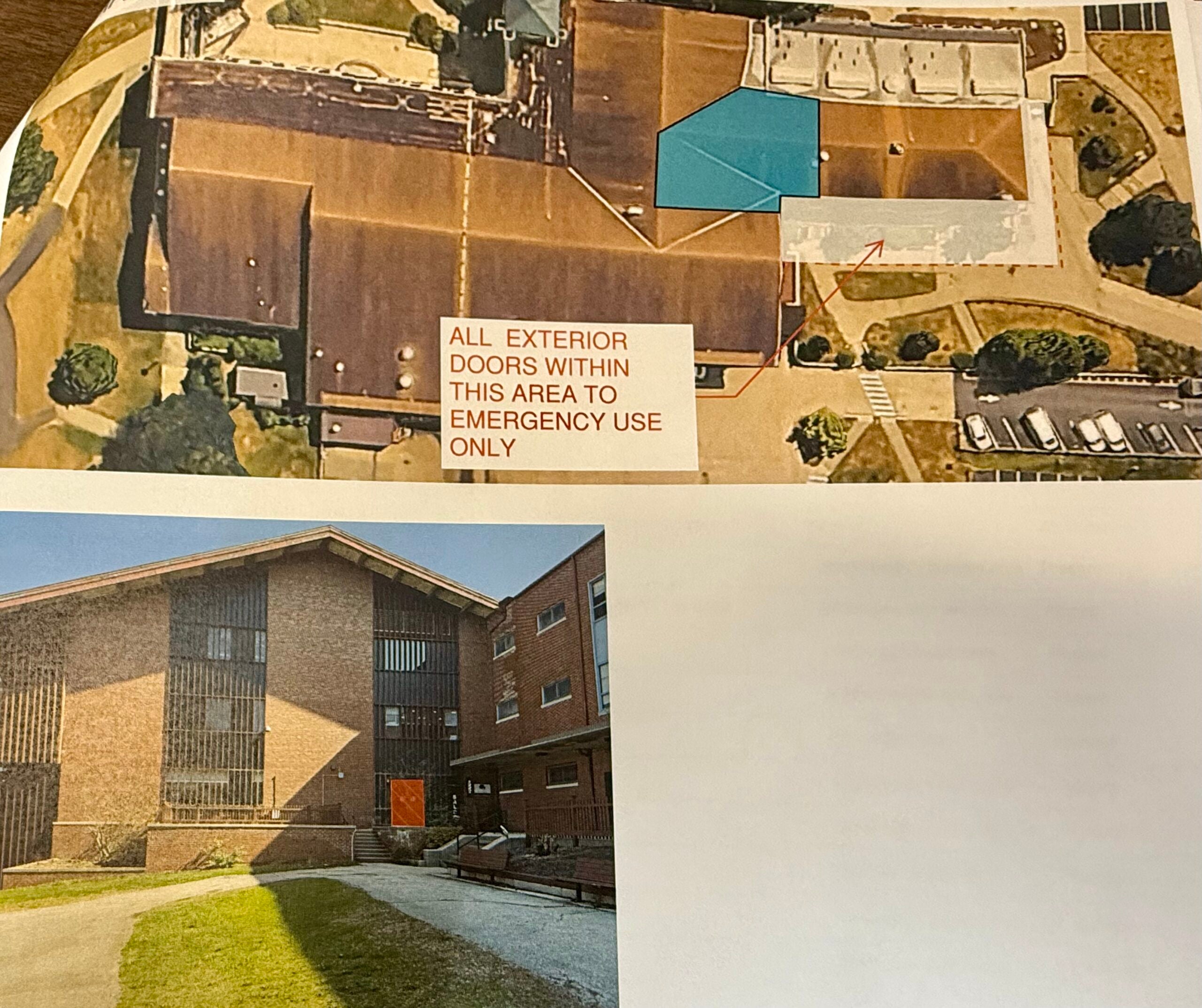 Map and photos showing Memorial Union exterior doors affected by Phase 2 roof replacement work, including marked emergency-use-only doors and temporary entrance impacts. 