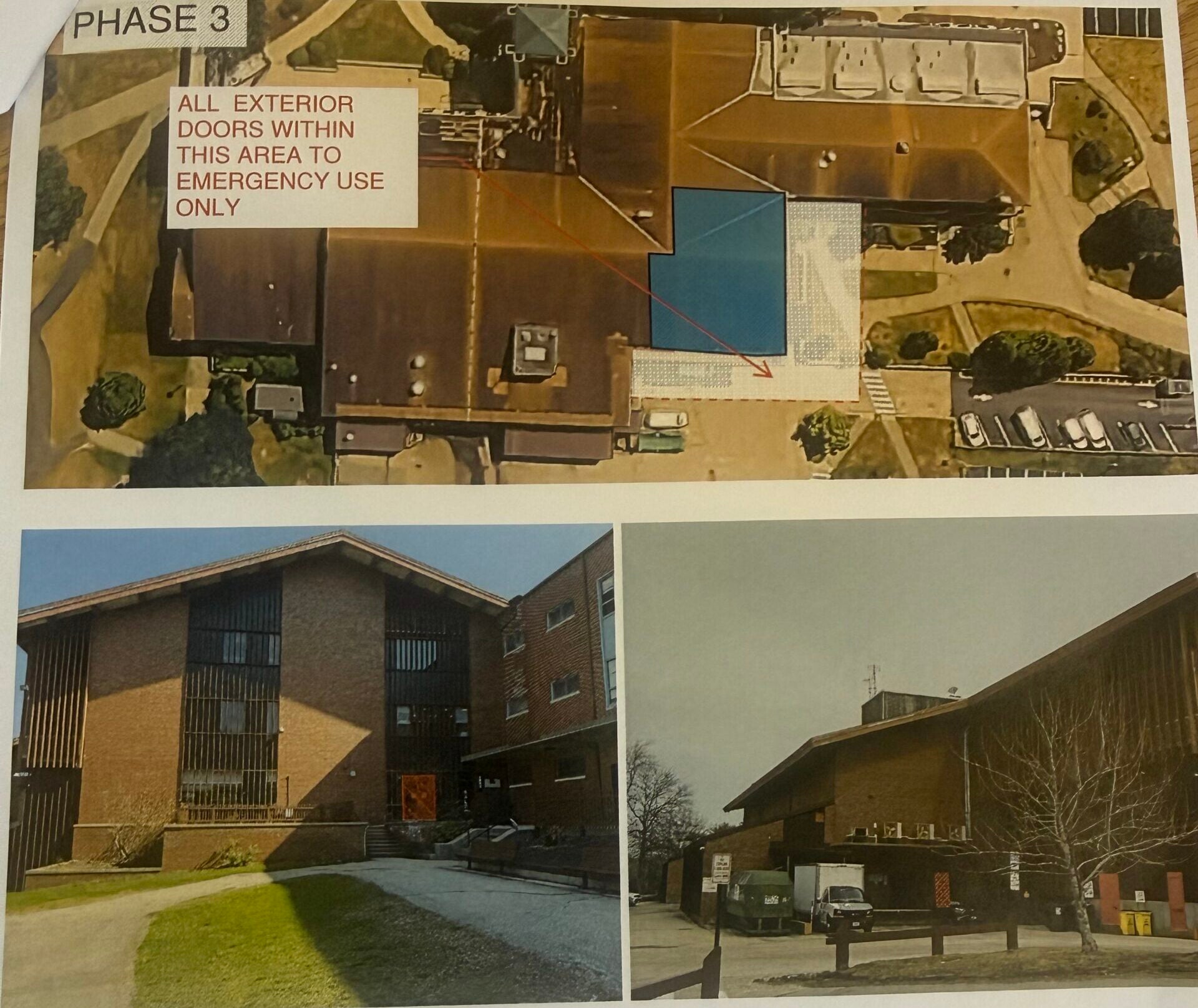 Aerial map and photos of the Memorial Union showing the Phase 3 roof replacement work area, updated exterior door impact area, and emergency-egress-only signage.
