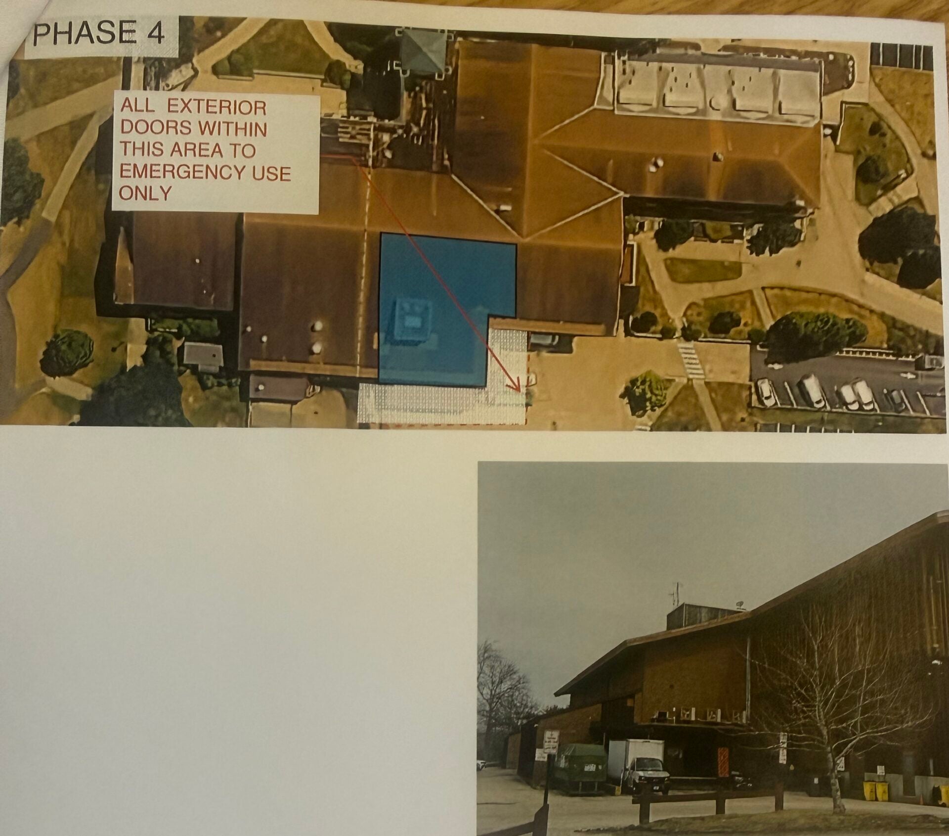 Aerial map and photo of the Memorial Union showing the Phase 4 roof replacement work area near the loading dock side of the building, with exterior doors in the marked area designated for emergency egress only.