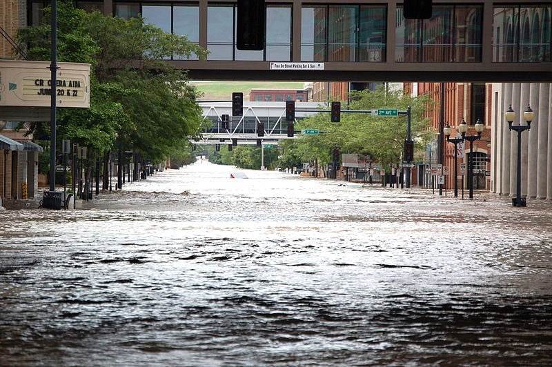 Photo of a flooded street in Cedar Rapids, Iowa.