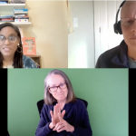 Screenshot of a Metcalf Institute webinar featuring a Black woman with braids and glasses, a bald Latino man wearing a headset, and a white woman with long hair and glasses who is serving as an ASL interpreter.