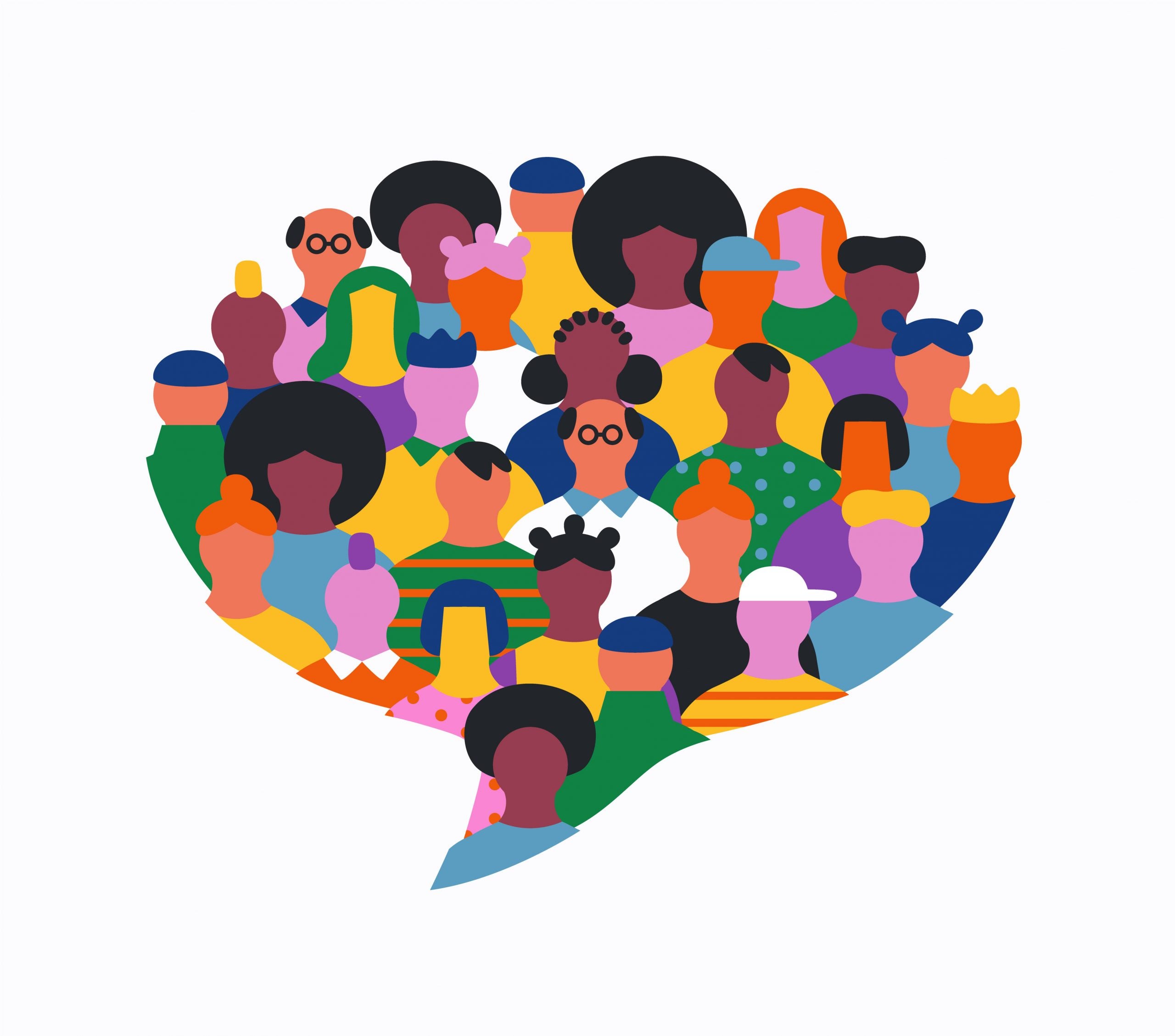 Brightly colored graphic in shape of a speech bubble contains cartoons of people from the chest up representing different races. ethnicities, and genders. The people wear brightly colored clothes and have a wide variety of hair styles.