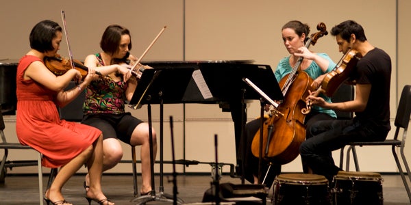 a chamber of musicians plays string instruments together