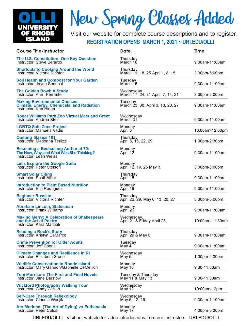 New Spring Classes Added – Osher Lifelong Learning Institute (OLLI)