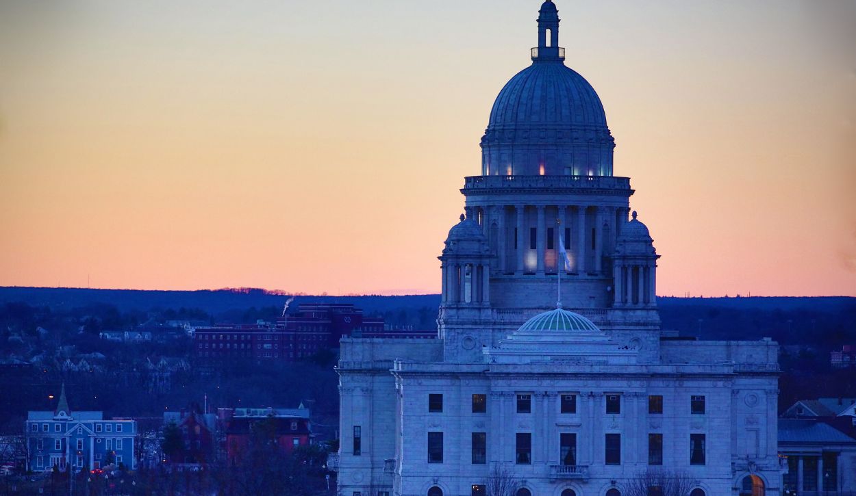 The Rhode Island State House at sunset