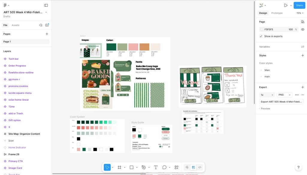Figma workspace with design project, including color palettes, typography, mood board, and hand-drawn café panels.


