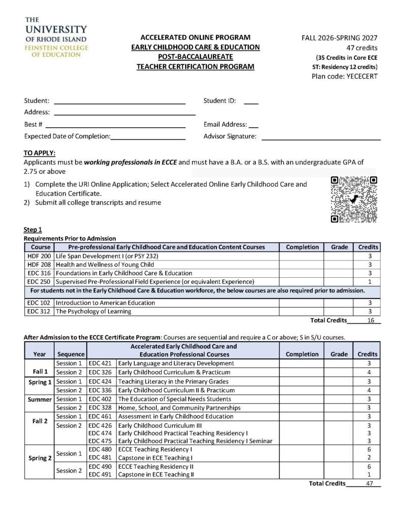 Curriculum sheet for the Early Childhood Care and Education Accelerated Undergraduate Certificate program.