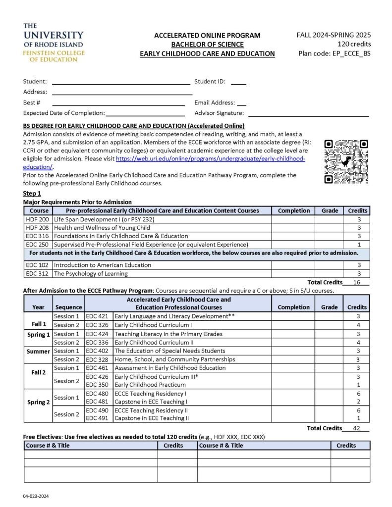 Curriculum document for Early Childhood Care and Education Degree Completion progam.