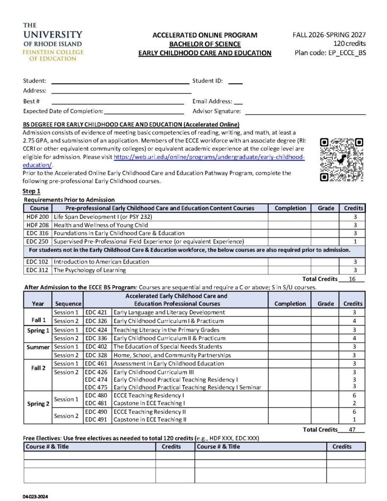 Curriculum document for Early Childhood Care and Education Degree Completion progam.