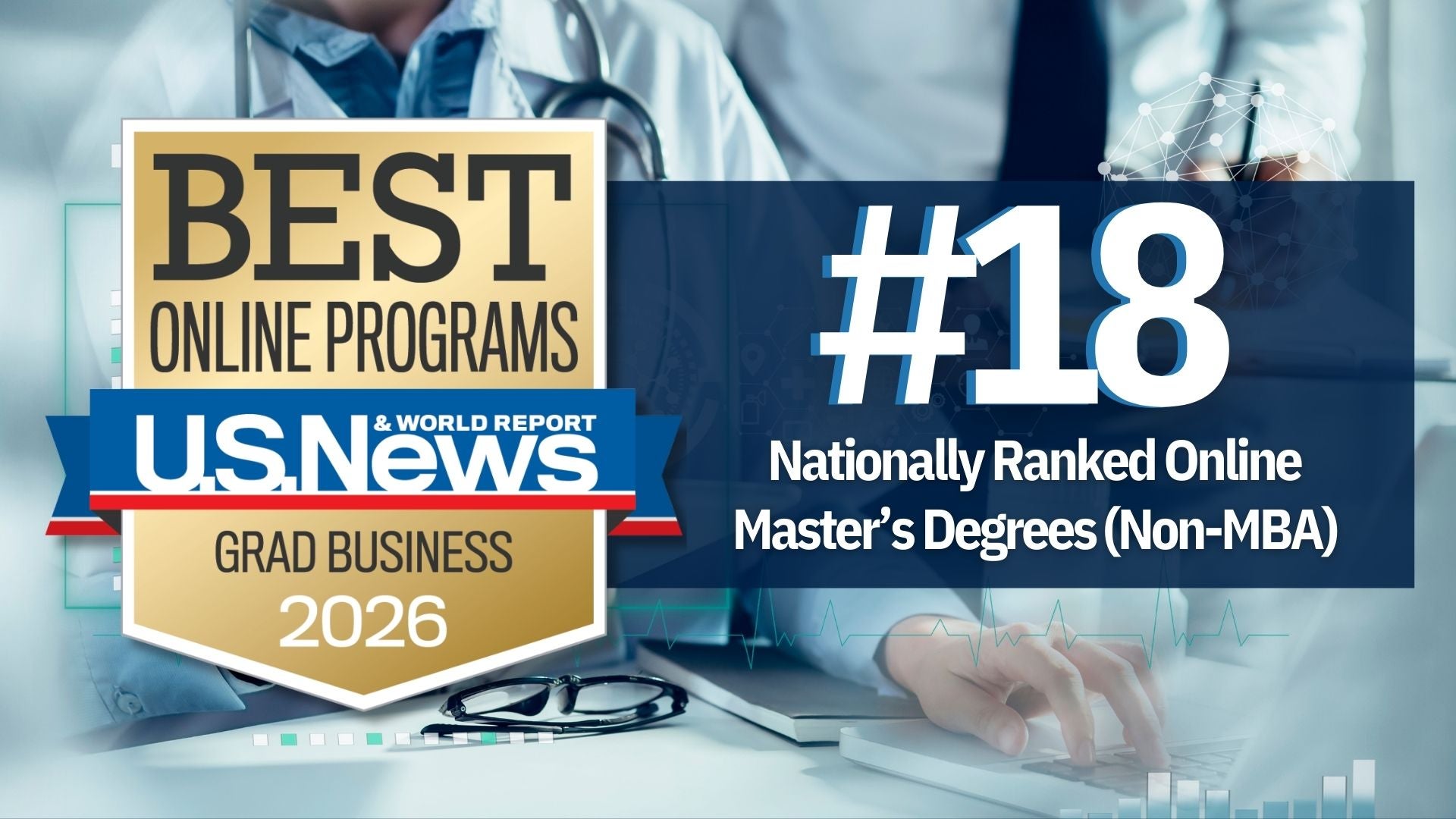 The image features a split design with a focus on two main elements. On the left, there is a gold and blue badge that reads “BEST ONLINE PROGRAMS” and is endorsed by
