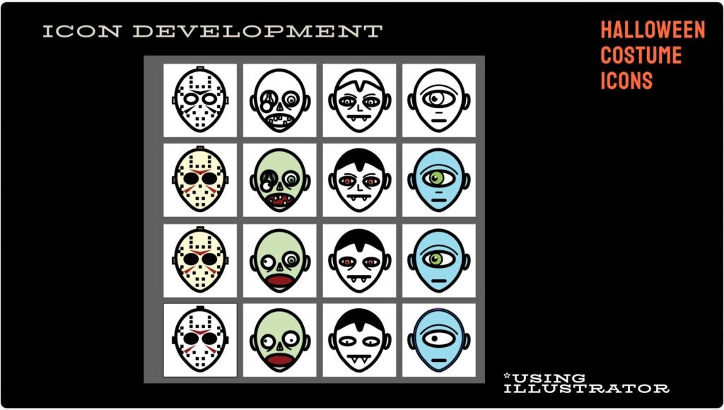 A grid of Halloween-themed face icons including masks, zombies, vampires, and cyclops on a black background.

