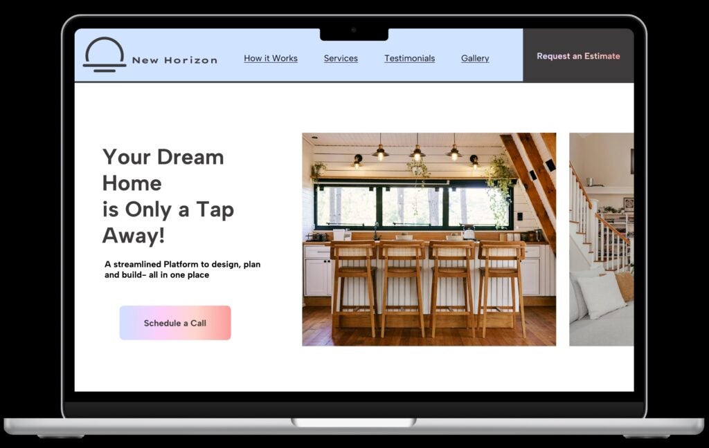 A website on a laptop screen for "New Horizon" featuring home design services and a kitchen image.

