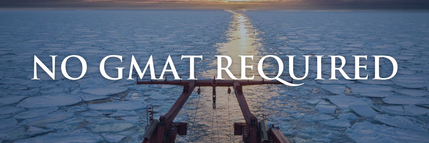 View from the aft of a research vessel cruising in ice during sunset with text overlay that says "No GMAT Required"