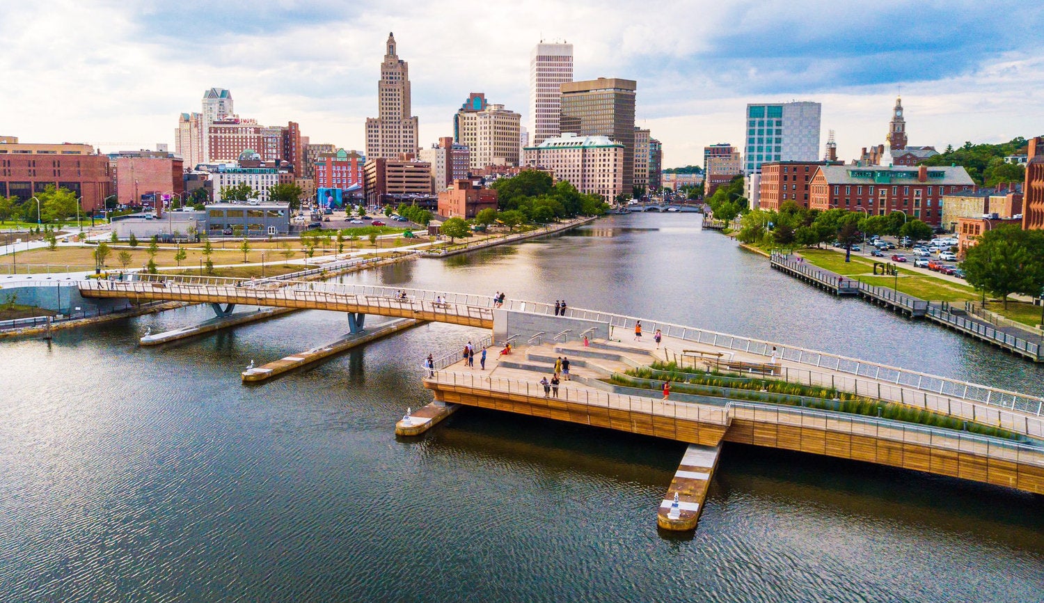 Aerial view of downtown Providence pedestrian bridge.