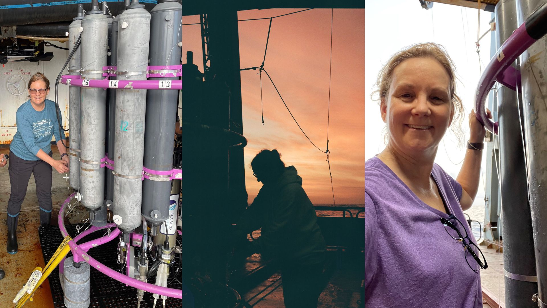 Collage of three images featuring a marine science student named Teresa Kennedy. The first image shows her on a research vessel, adjusting scientific equipment used for water sampling. The second image is a silhouette of her working on deck at sunset. The third image captures her smiling at the camera, holding onto a piece of equipment aboard the ship.