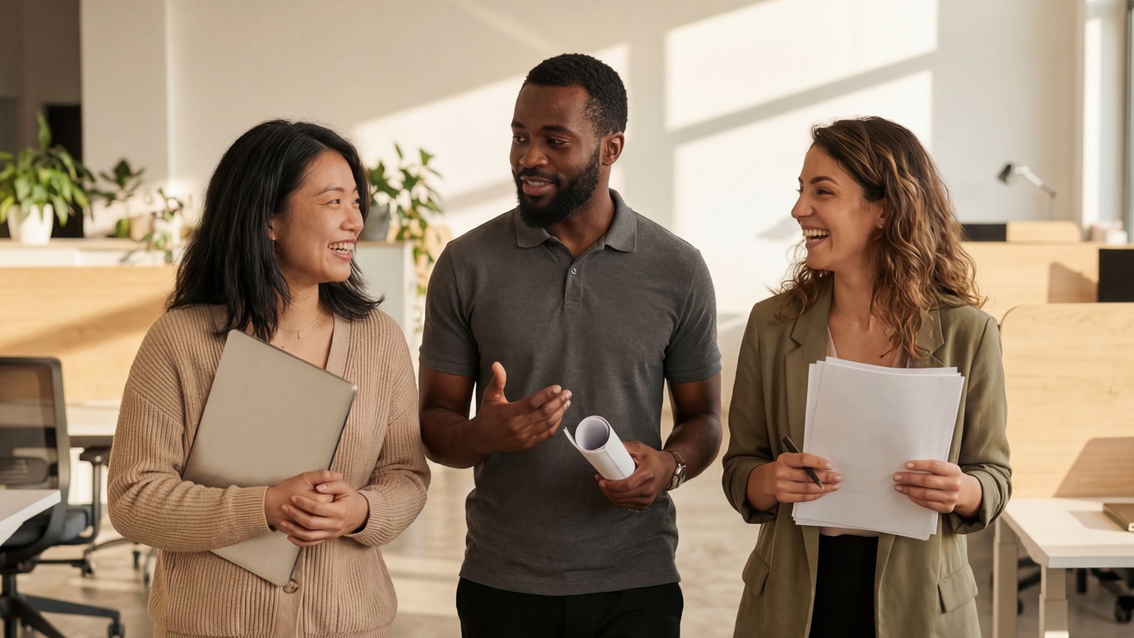Three colleagues walk and talk together in a bright, open office space, laughing and engaged in easy conversation — one carrying a laptop, one holding rolled documents, one with a stack of papers.