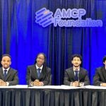 URI College of Pharmacy students Willy Njeru (left), Vanessa Oseghale, Matthew Pari, and Ramez Rizk finished ahead of 67 other colleges of pharmacy from around the country to win the 2026 Academy of Managed Care Pharmacy Foundation's National Student Pharmacist Pharmacy & Therapeutics Competition.
