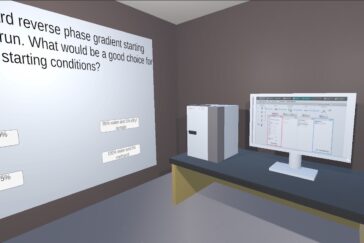 A screenshot shows the inside of a virtual reality laboratory to be used by high school students as a way to connect them with the URI College of Pharmacy and promote STEM education.