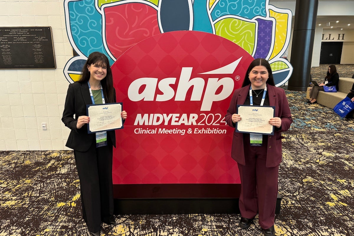 URI College of Pharmacy students Emma Van Reysen (left) and Gabriella Mignosa won a national pharmaceutical skills competition at the American Society of Health-System Pharmacists’ Midyear Conference in New Orleans this week.