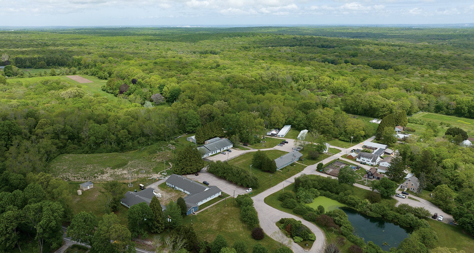 An aerial drone view of the present-day East Farm and buildings