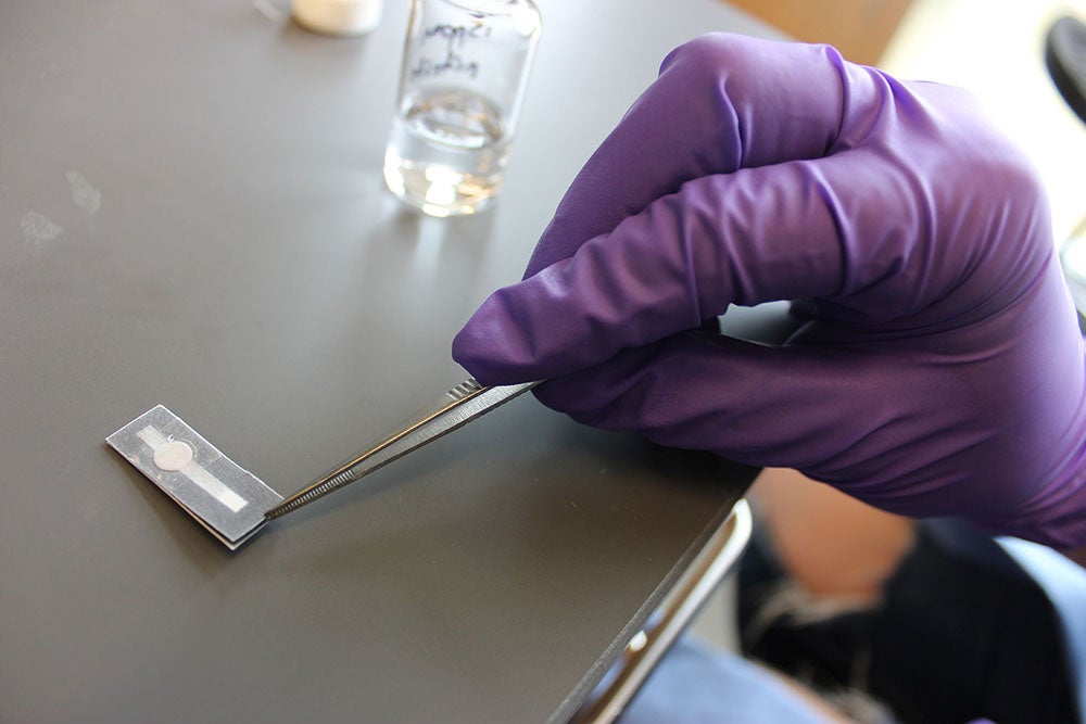 A paper-based sensor is created by RI C-AIM graduate student Teresa Mako.