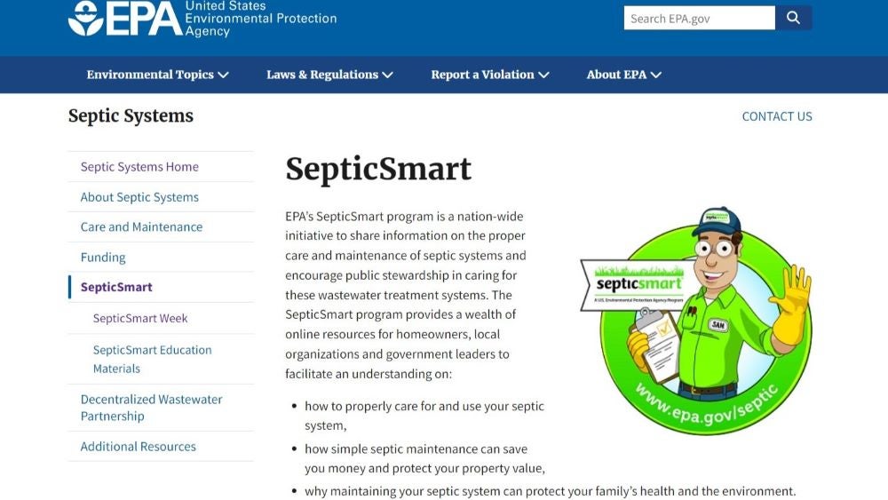 Sceenshot of the U.S. Environmental Protection Agency's SepticSmart Website