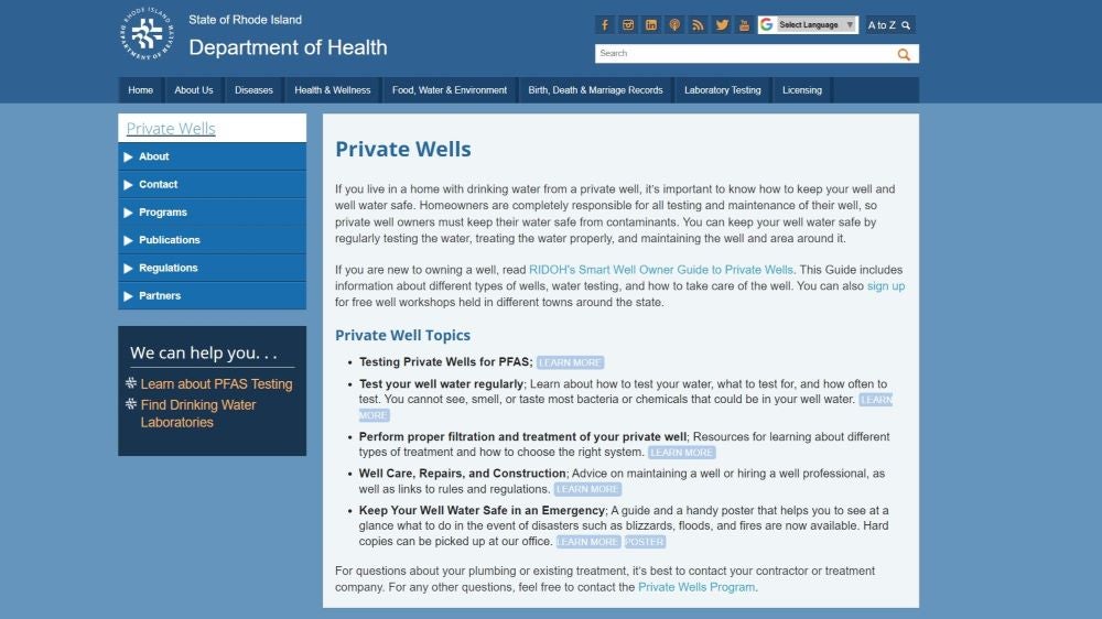 Screenshot of RI Dept. of Health Private Well Website