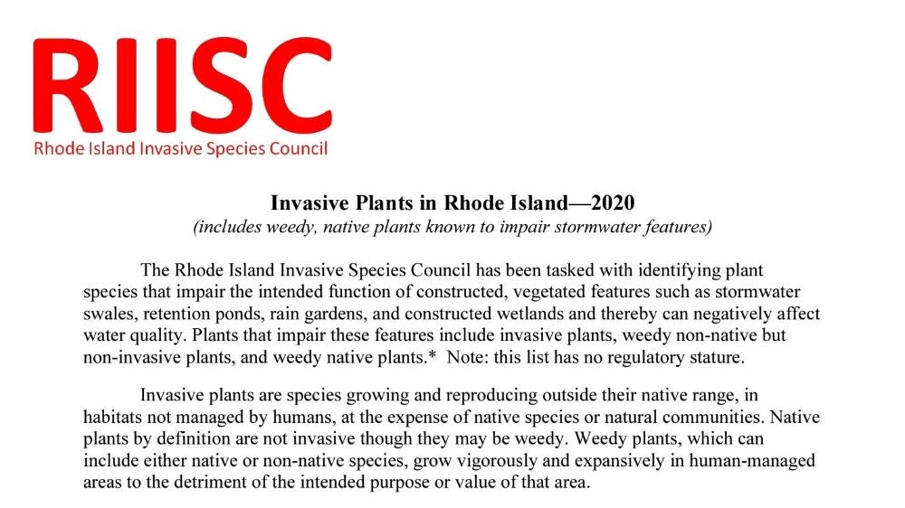 RI Invasive Species Council - 2020 Invasive Plants in RI (Report).