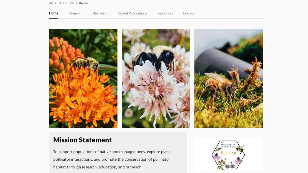 URI Bee Lab Webpage showing images of different native pollinators and the Bee Lab's Mission Statement.