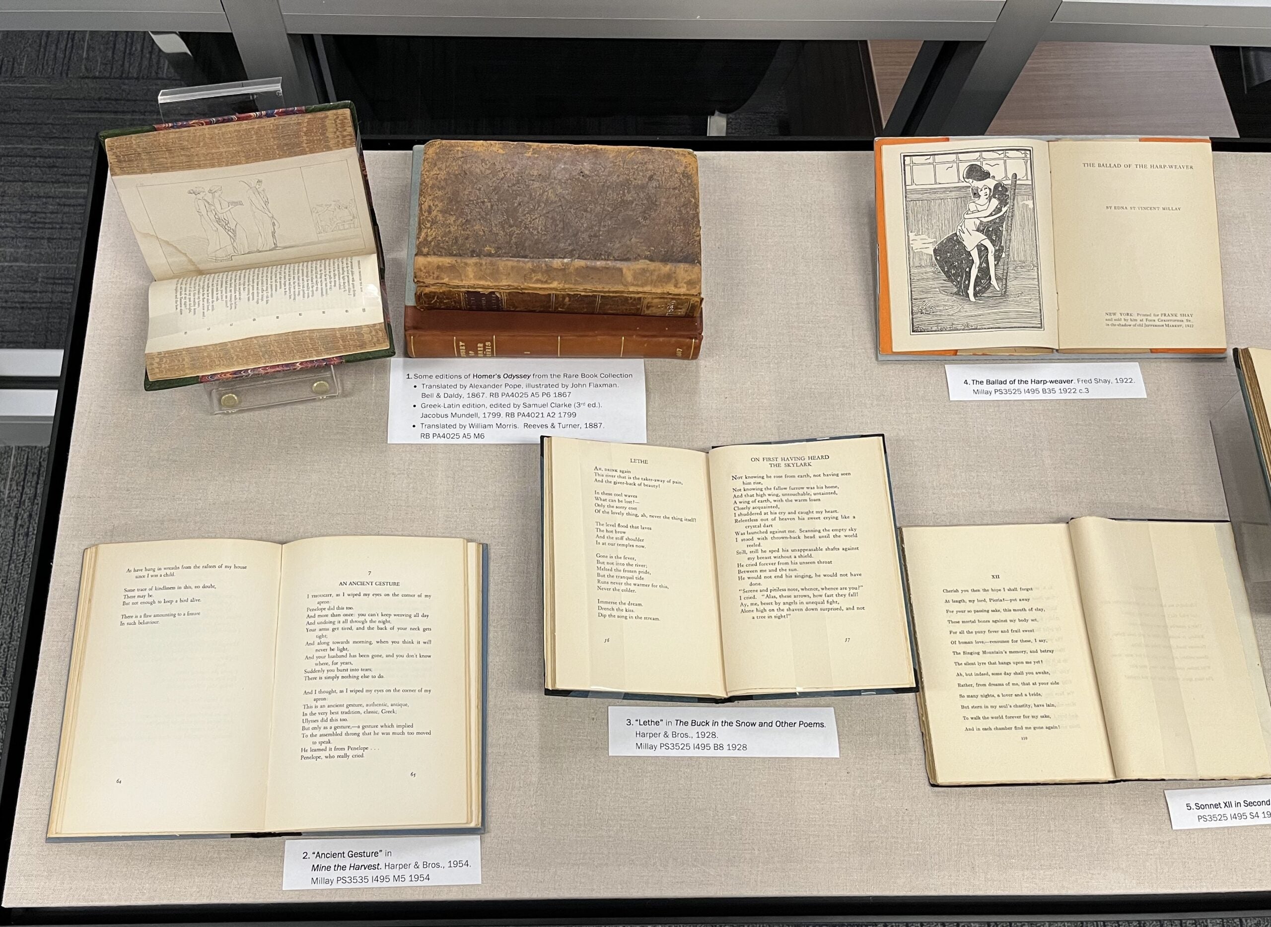Detail of exhibit case contents featuring books with bibliographic captions. One is open to an illustration featuring Penelope, another to a frontispiece, three are open to poems