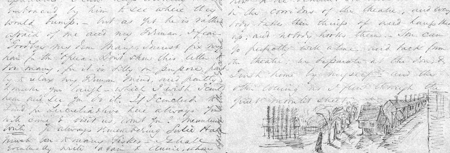 Handwritten text, small sketch of woman and a row of houses in bottom corner.